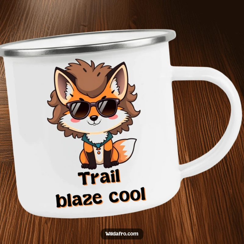 Funny fox camping mug, a stylish fox with a big afro and sunglasses, perfect for outdoor sipping.
