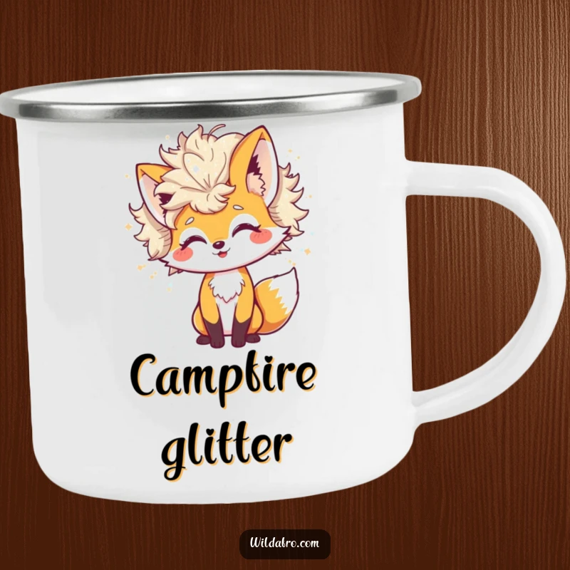 Funny Camping Mug featuring a cheerful fox character with a giant afro shedding glitter, perfect for outdoor enthusiasts who love sparkle.
