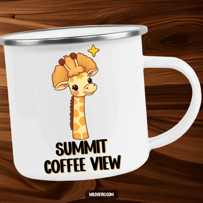 Funny giraffe camping mug, a cheerful giraffe with a big afro reaching for a star, perfect for outdoor sipping.