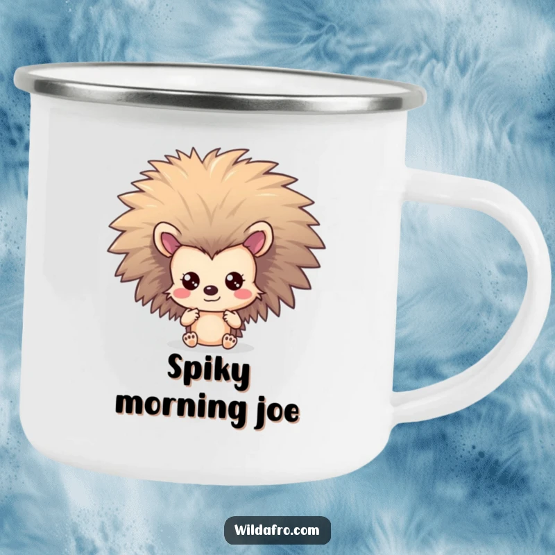 Funny Hedgehog Afro Camping Mug: A shy hedgehog character peeks from behind a spectacular afro in a camping setting.