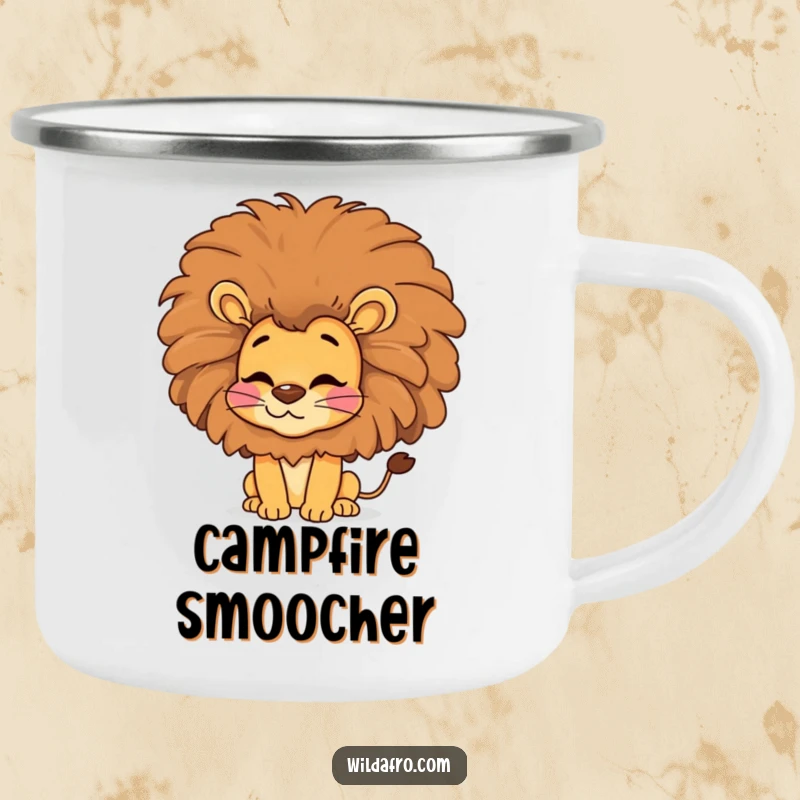 Funny lion camping mug, a happy lion with a big afro blows a kiss, perfect for outdoor sipping.