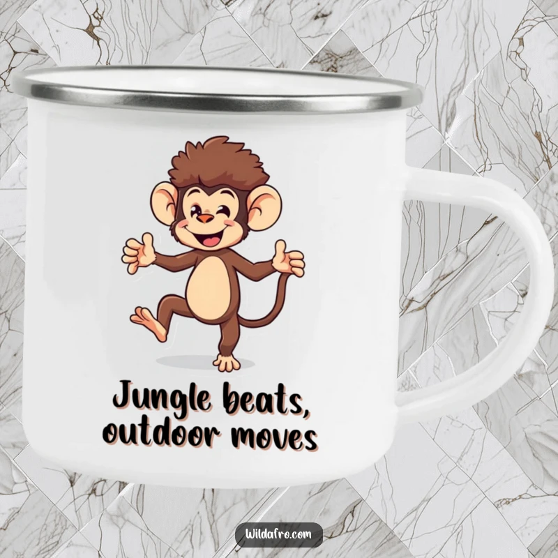 Funny monkey camping mug showing an energetic monkey character with an afro doing a playful dance, perfect for outdoor enjoyment.