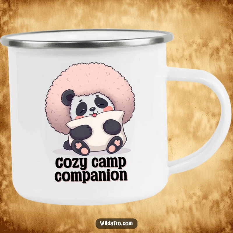 Funny panda camping mug depicting a giggling panda bear cuddling a fluffy afro like a pillow, perfect for outdoor humor.