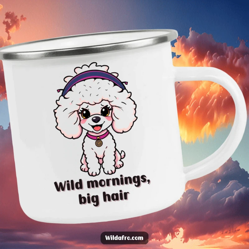 Funny poodle camping mug with a happy dog wearing a large, fashionable afro wig, designed for outdoor adventures.