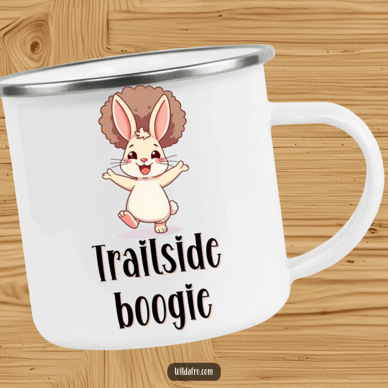 Funny Rabbit Afro Camping Mug: A happy bunny with a massive afro, dancing joyfully around a campfire, durable and humorous for outdoor use.