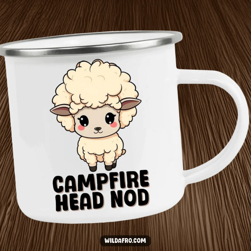 Funny sheep camping mug, cute with a large afro, bobbing its head, perfect for outdoor enjoyment. A fantastic funny gift.