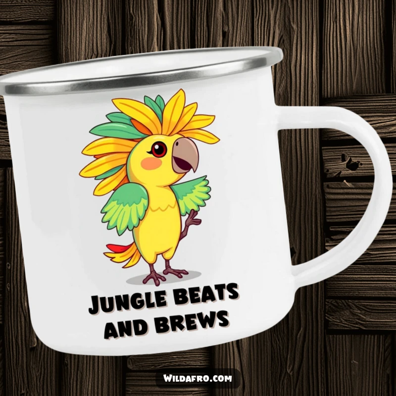 Funny camping mug featuring a dancing parrot with a vibrant, feathered afro. Durable and humorous.