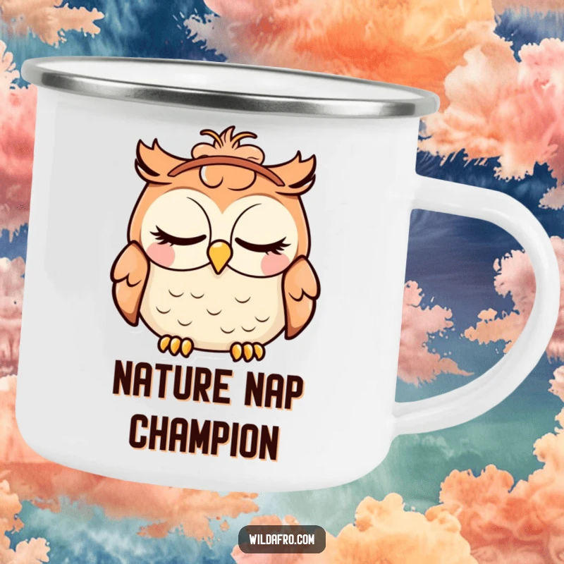 Funny camping mug showing a serene owl with shut eyes, a cool afro headband, ideal for outdoor enjoyment and humor.