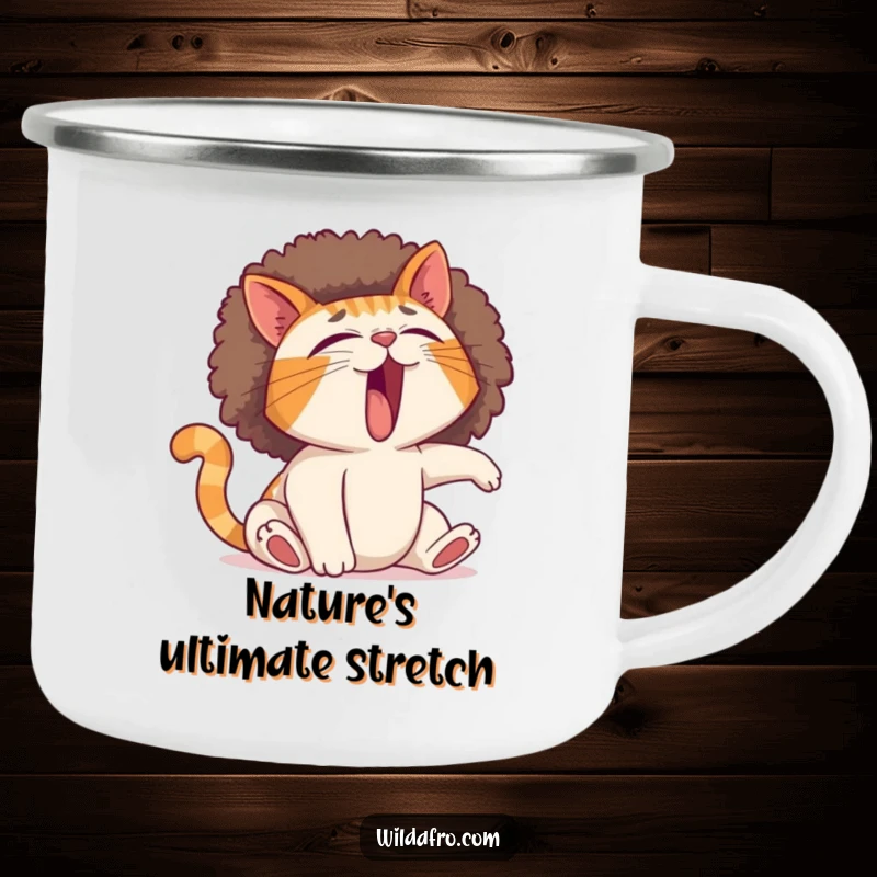 Funny cat camping mug depicting a yawning cat with a large, expanding afro during a stretch, ideal for outdoor humor.