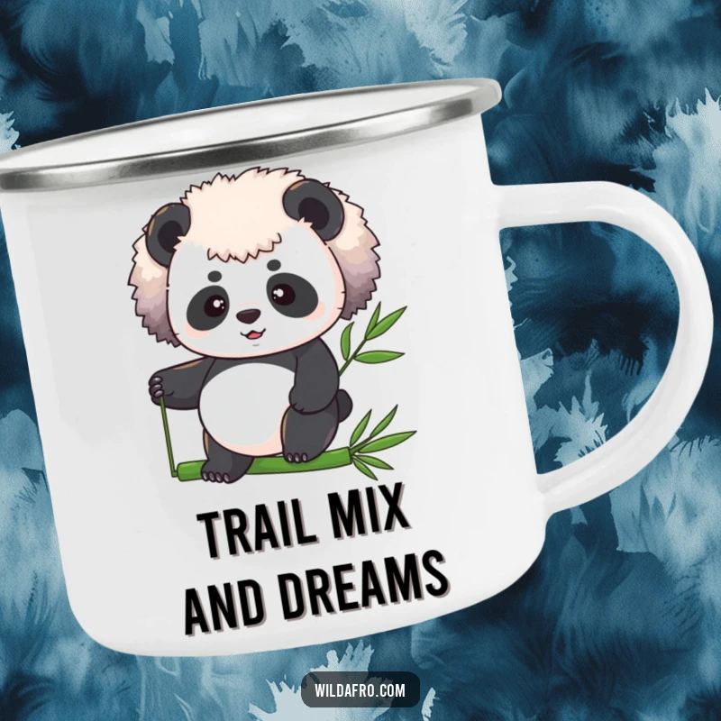 Funny panda with a large afro balancing on a bamboo stalk, depicted on a durable and humorous camping mug.