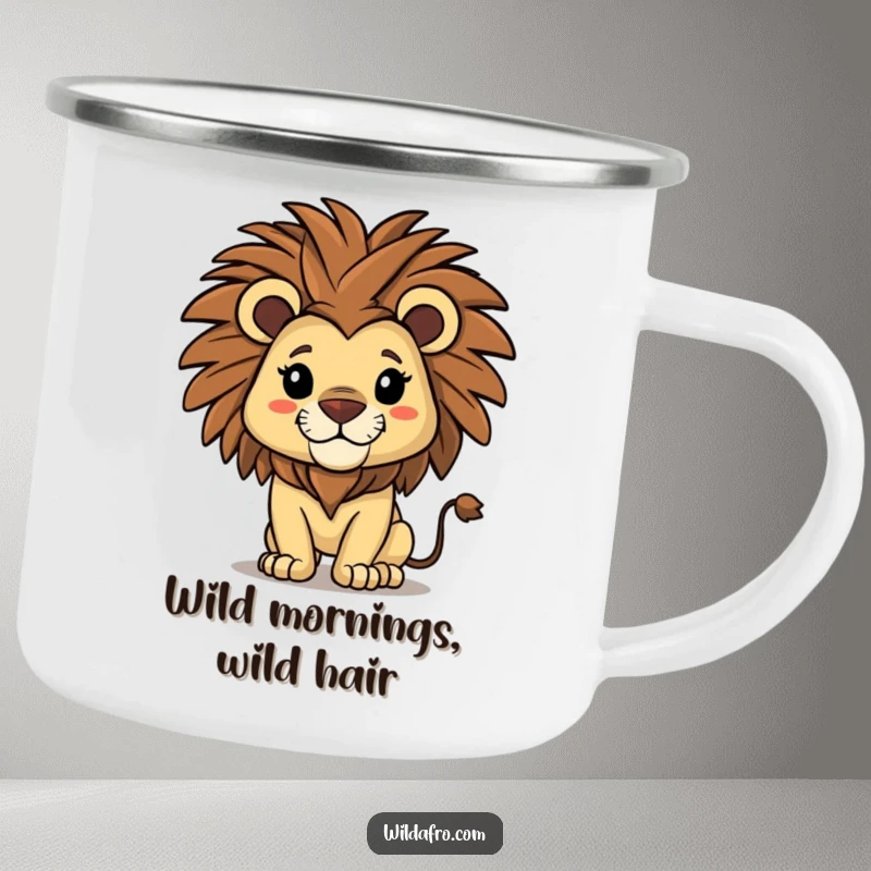 Funny lion camping mug showing a proud lion character with a magnificent afro shaking its mane, perfect for outdoor beverages.