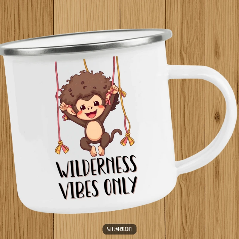 Funny monkey with a fuzzy afro swinging from imaginary yarn strands, depicted on a durable camping mug.