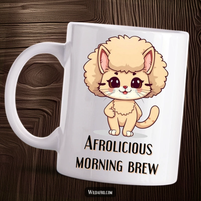 Funny smiling cat with a large, fluffy afro strutting confidently on a mug, radiating cool 70s vibes, a groovy funny gift.
