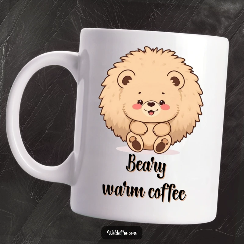 Funny bear afro mug showing a chubby bear cub gleefully hiding inside a large, fluffy afro, a cozy surprise.