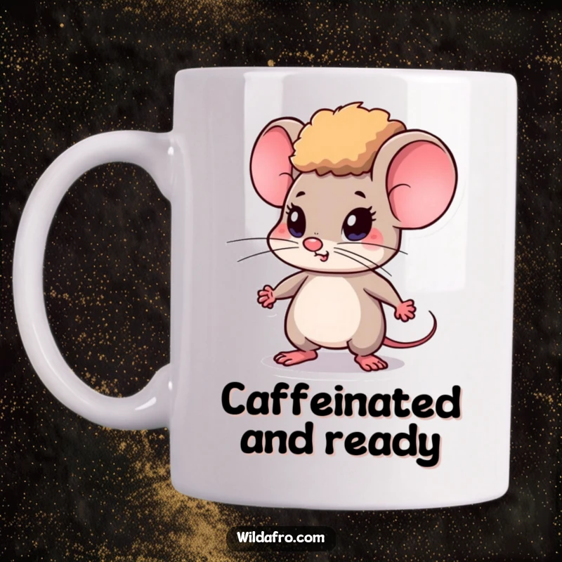 Funny Mouse Mug with Afro Hair, Determinedly Tapping Feet, Focused and Motivated Vibe