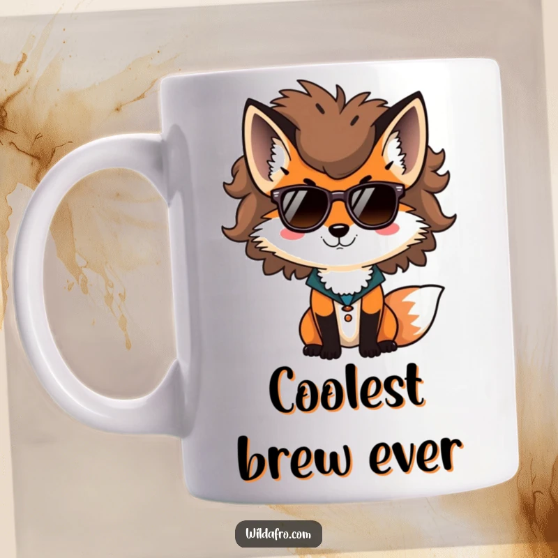 Funny fox mug, a stylish fox with a huge afro and sunglasses, exuding coolness and confidence.