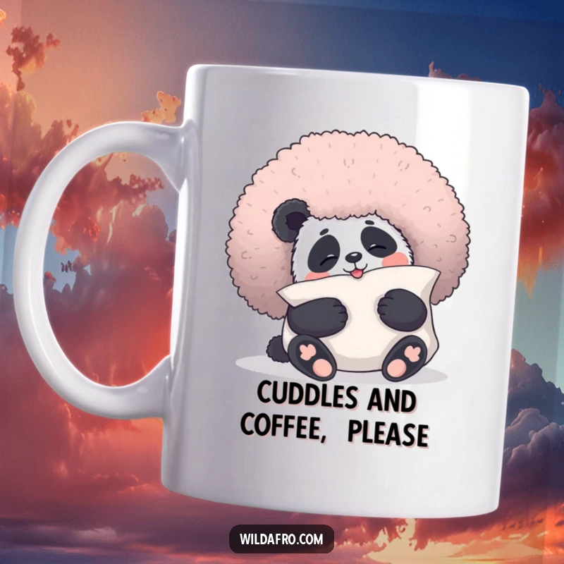 Funny panda mug showing a giggling panda bear hugging a large, fluffy afro like a pillow, embodying adorable and humorous comfort.