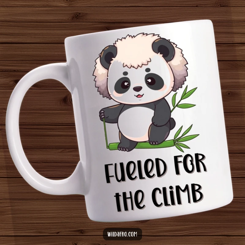 Funny determined panda with a large fluffy afro balancing expertly on a bamboo stalk, depicted on a humorous mug.