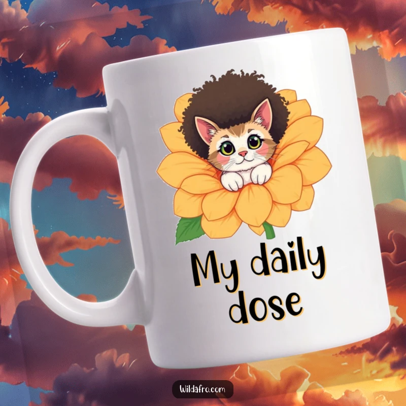 Funny curious cat with a fluffy afro peeking out from behind a large, colorful flower, depicted on a humorous mug.