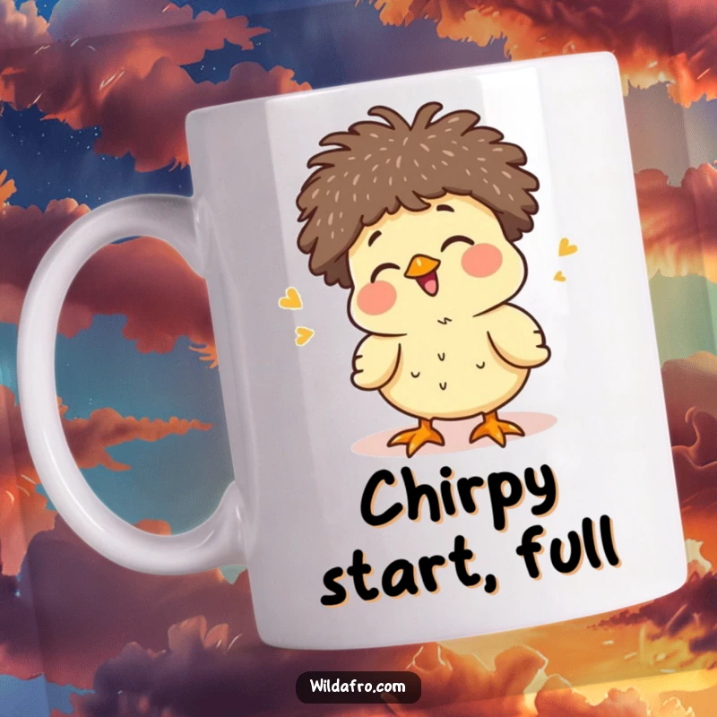 Funny giggling chick with a tiny afro chirping happily on a mug, radiating pure joy and cuteness, a delightful funny gift.