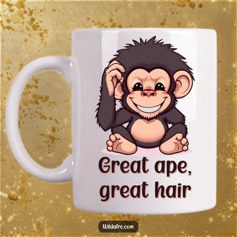 Funny chimpanzee mug with a grinning monkey character playfully patting its large, bushy afro hairstyle.