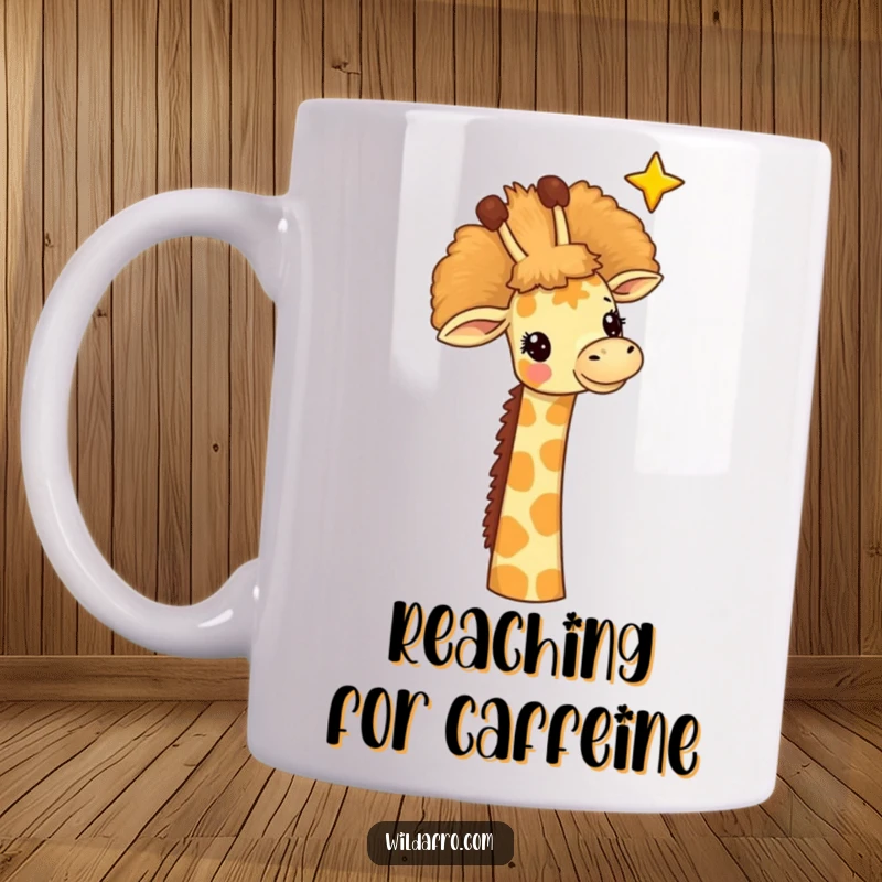 Funny giraffe mug, a cheerful giraffe with a tall afro reaching for a star, embodying hope and aspiration.