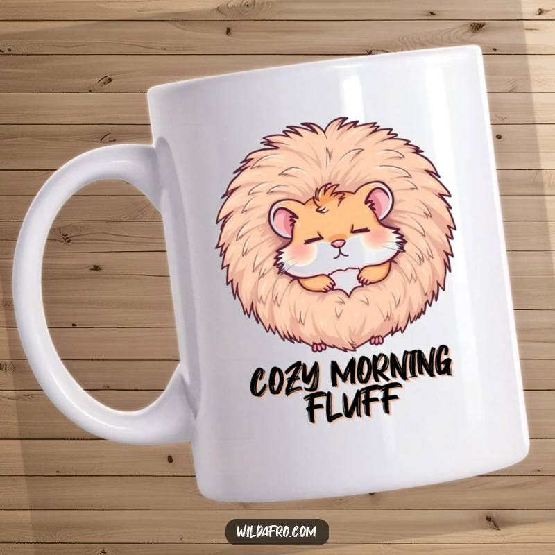 Funny contented hamster sleeping inside a large, fluffy afro, depicted on a mug, offering a humorous and cozy vibe, a funny gift.