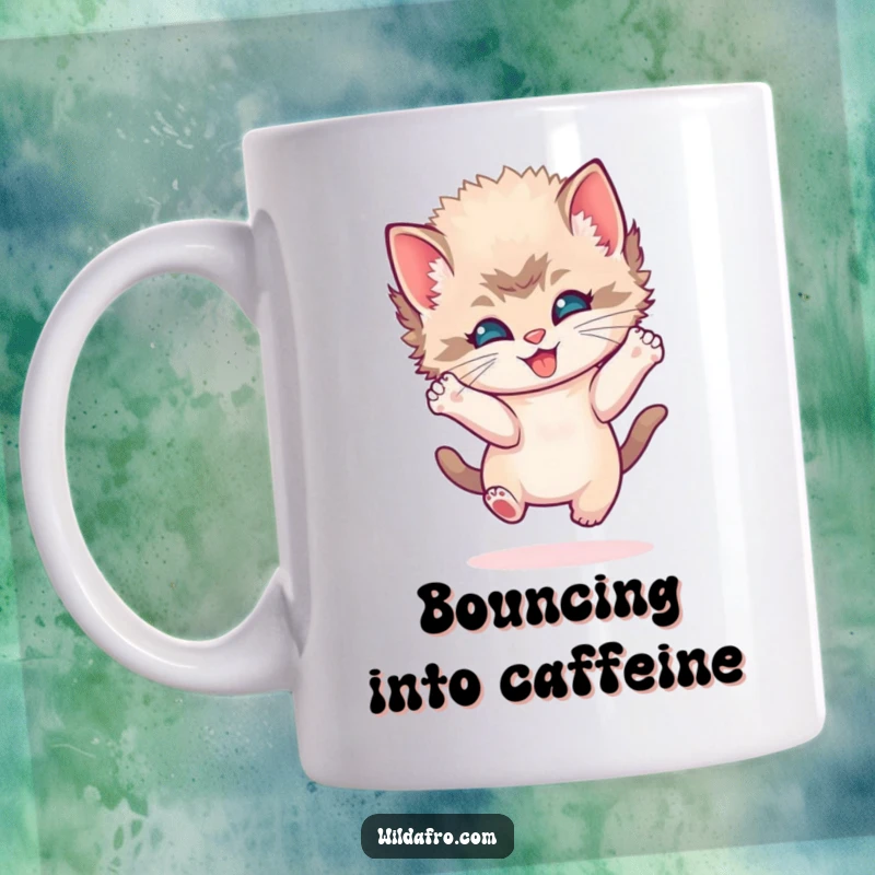 Funny playful kitten mug with a round afro, bouncing joyfully and radiating pure happiness and retro charm.