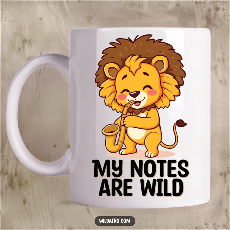 Funny Lion Saxophone Afro Mug with a cheerful lion playing a saxophone, sporting a groovy afro hairstyle, perfect for music fans.