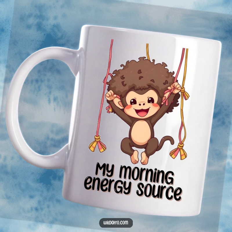 Funny monkey with a big afro swinging joyfully from colorful yarn strands, perfect for a quirky and humorous mug.