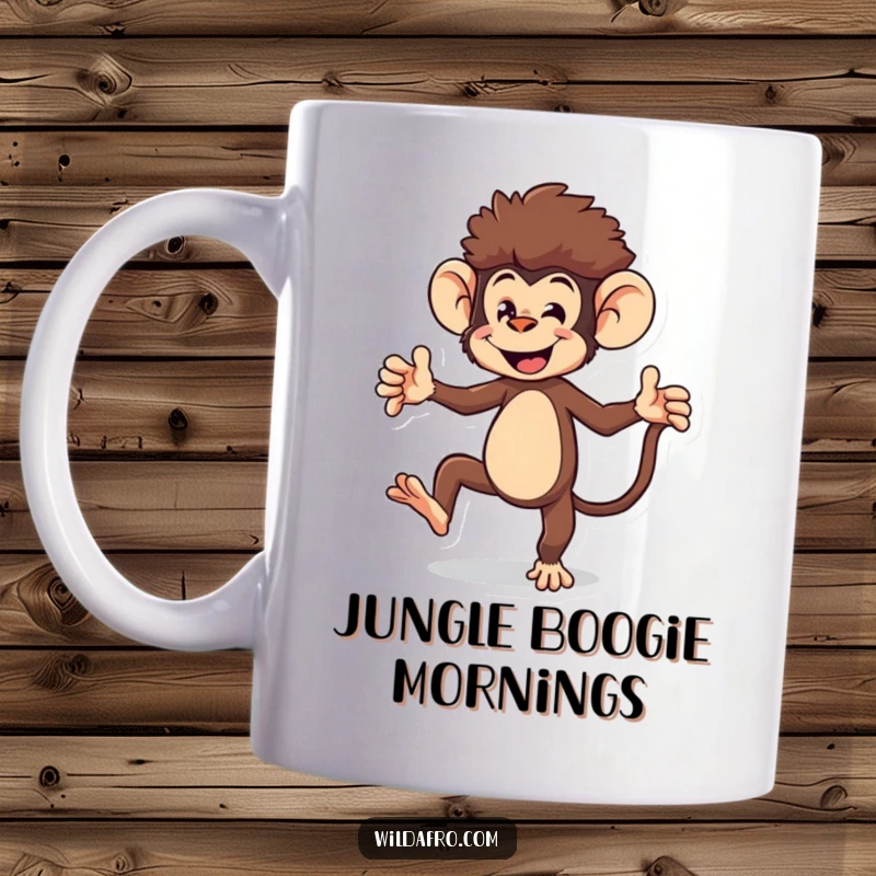 Funny monkey mug showing an energetic monkey character with an afro doing a playful dance with sheer joy.