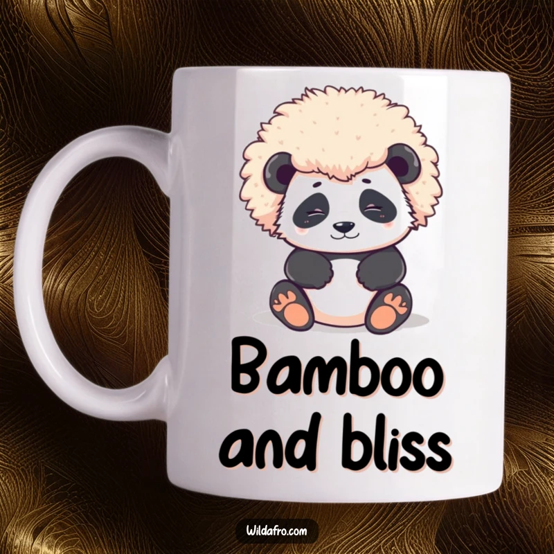 Funny Mug featuring a contented panda character relaxing peacefully with a large, magnificent, perfectly round afro, conveying serene joy.