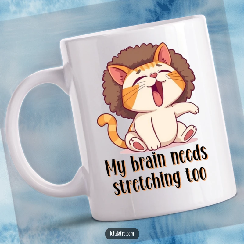 Funny cat mug featuring a sleepy kitty with a massive, expanding afro as it yawns, showcasing its funny and lazy morning mood.