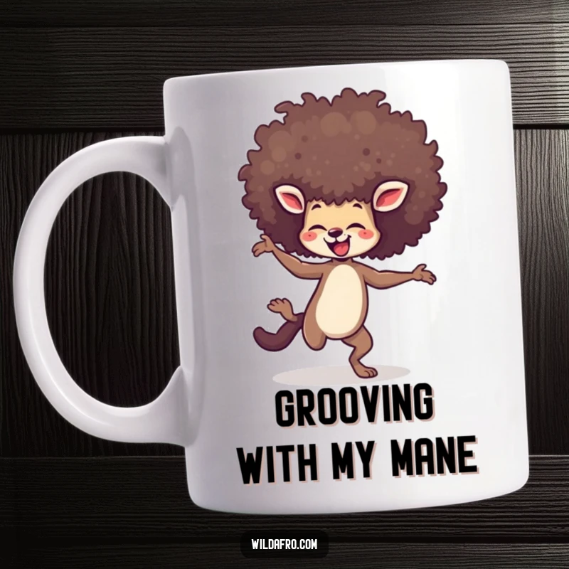 Funny mug with an agile animal dancing joyfully, its towering afro bouncing with energy and happiness.