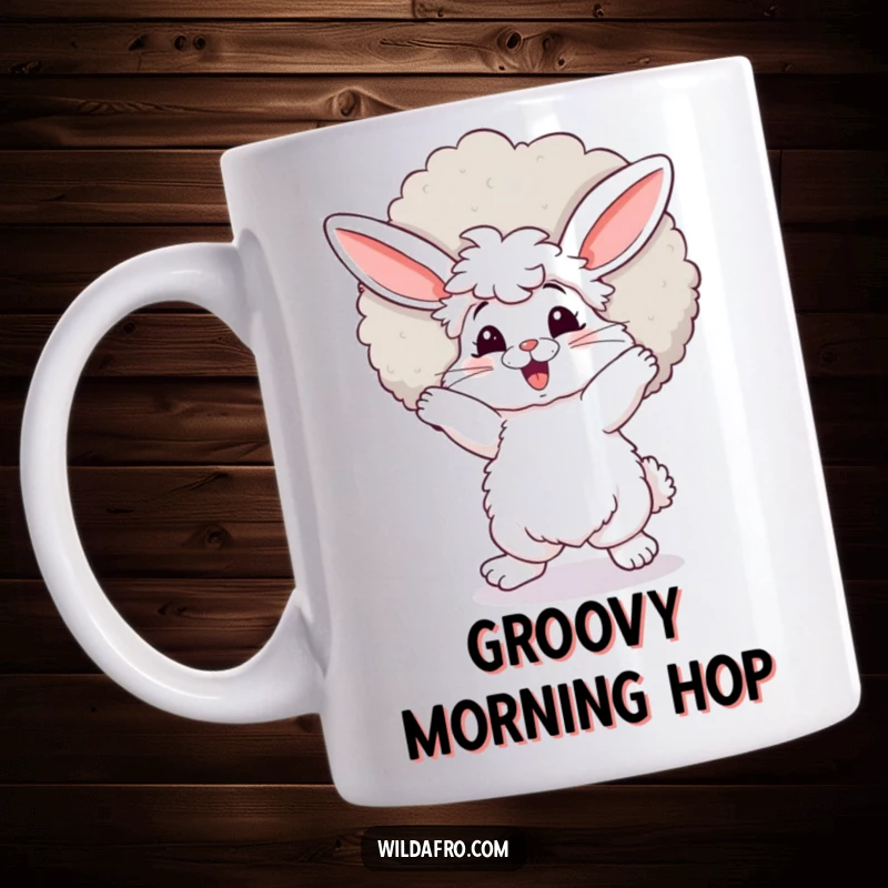 Funny bunny mug, fluffy with a giant afro, dancing joyfully with retro vibes, radiating happiness. A perfect funny gift.