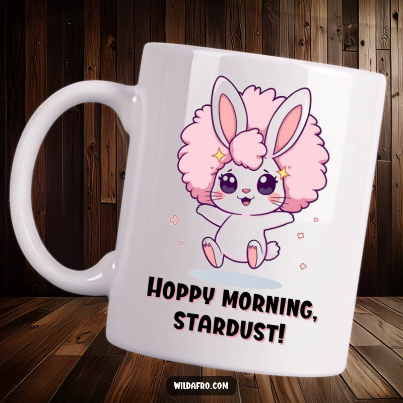 Funny Mug featuring a cute, bouncing bunny character with a huge afro and wide eyes sparkling with stars, conveying playful wonder.