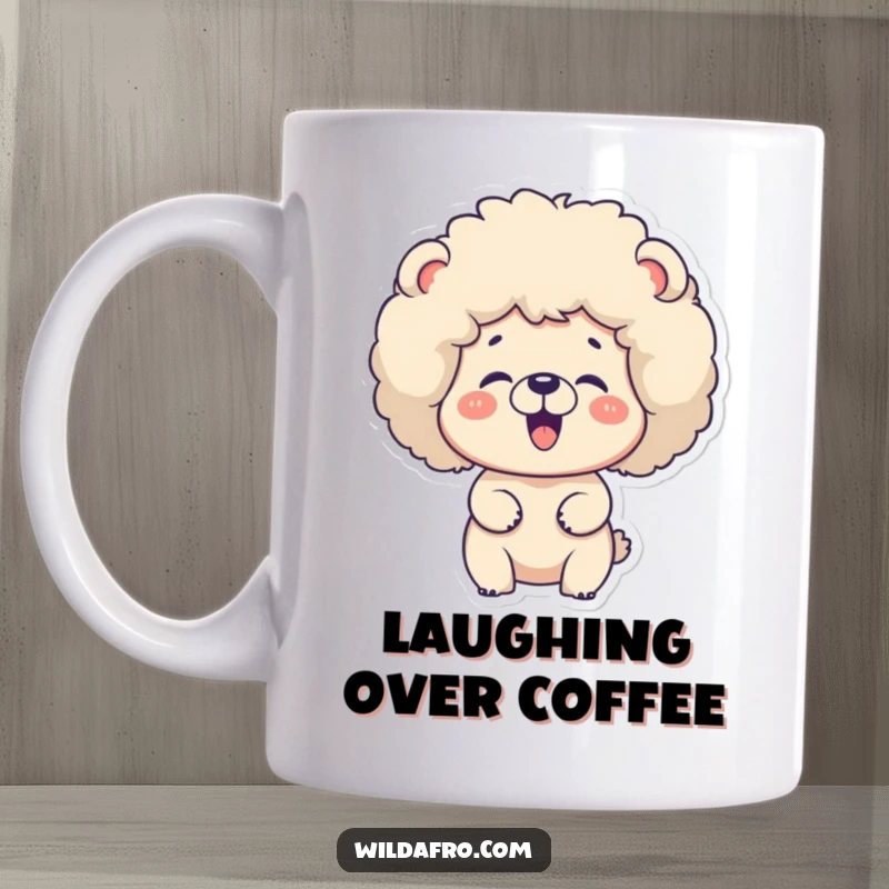 Funny bear with a big fluffy afro giggling heartily, printed on a mug. A joyful and funny gift.