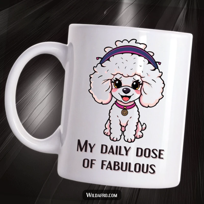 Funny poodle mug with a happy dog sporting a large, fashionable afro wig, looking chic and ready for a party.