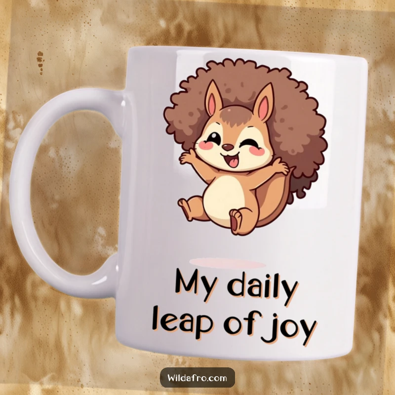 Funny Squirrel Afro Mug: A delighted squirrel with a wild, spiraled afro, captured mid-air during an energetic jump, perfect for a humorous gift.