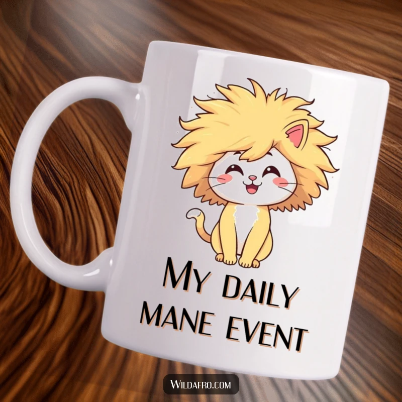 Funny cat mug featuring a happy character with a giant, windblown afro, looking joyful and stylish. Perfect for cat enthusiasts.