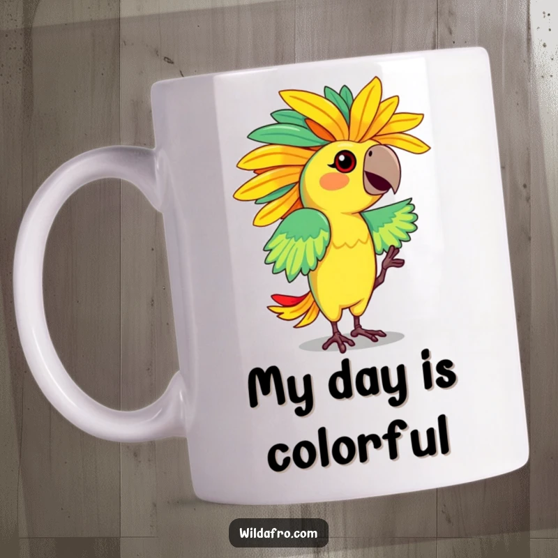 Funny mug with a dancing parrot character showcasing a large, vibrant, feathered afro with flair. Great gift.
