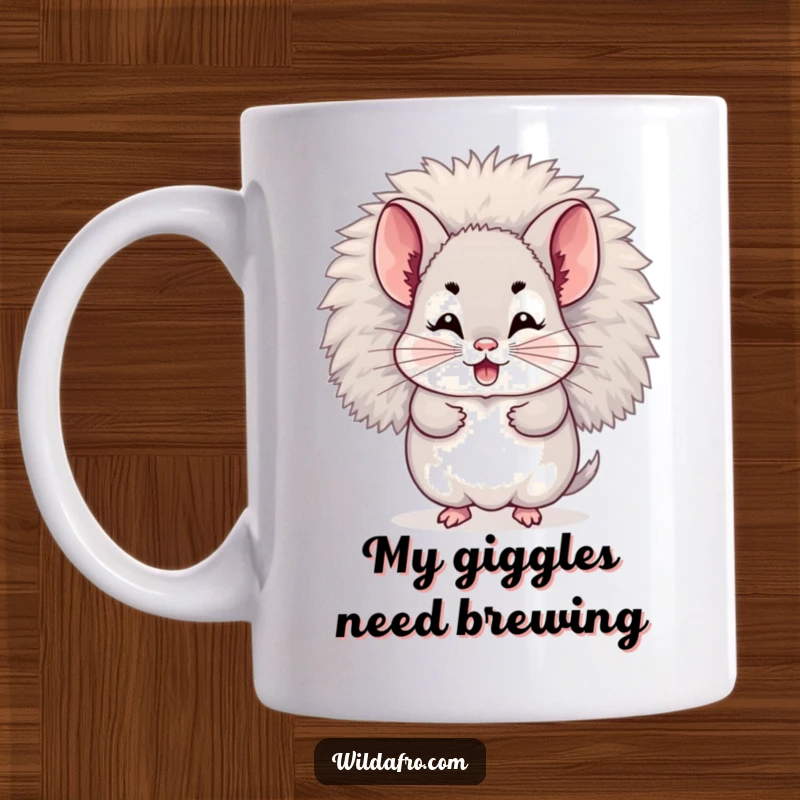 Funny mug with a giggling chinchilla character peeking out from its very fluffy, voluminous afro. Great gift.