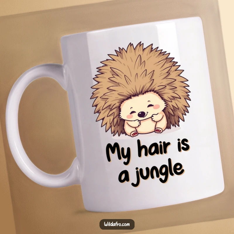Funny hedgehog peeking and digging into a large, voluminous afro hairstyle accessory on a coffee mug.