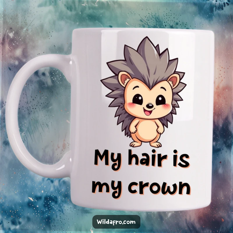 Funny Hedgehog Mug featuring a happy character with a large, spiky, dynamic afro, radiating joy and style, perfect for coffee lovers.