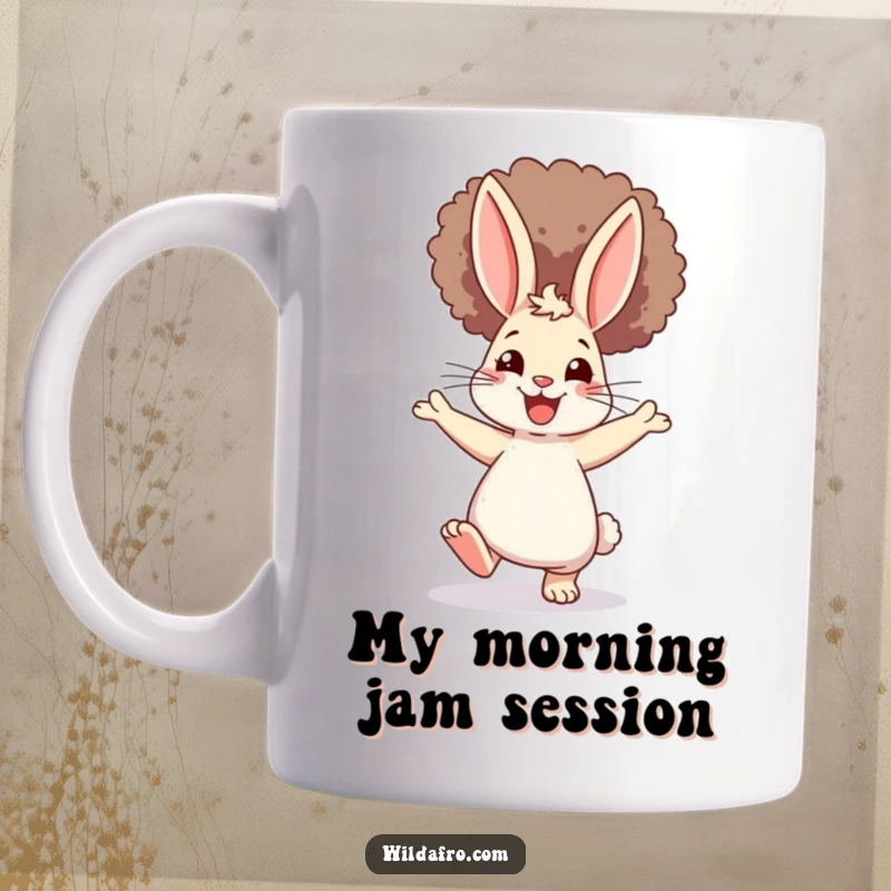 Funny Rabbit Afro Mug: A cheerful bunny with a massive afro, busting a move and dancing with pure joy, perfect for a quirky gift.