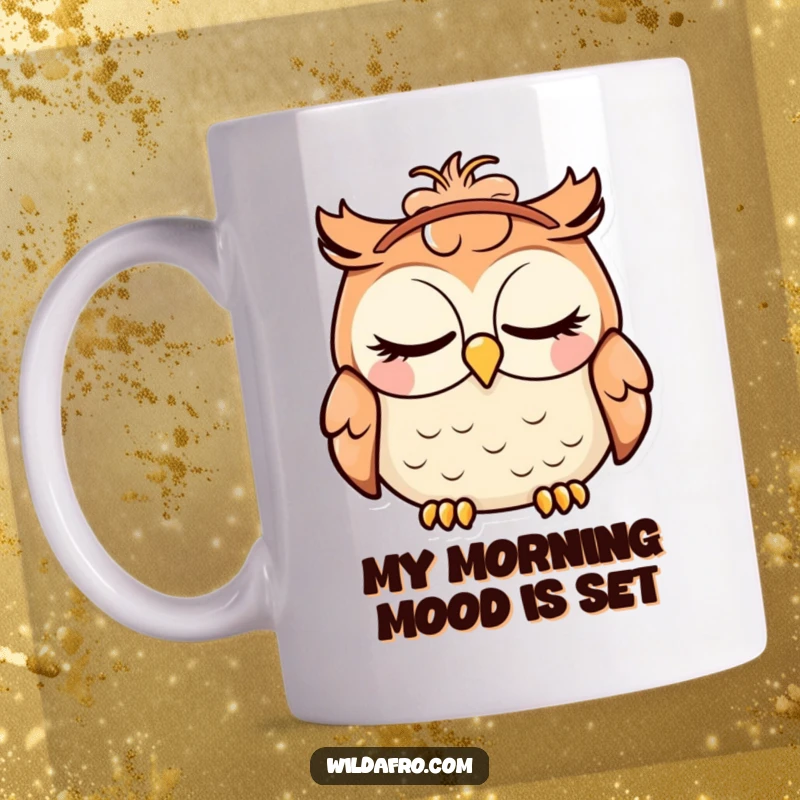 Funny mug featuring a contented owl with closed eyes, sporting a small, vibrant afro headband, radiating peace and humor.