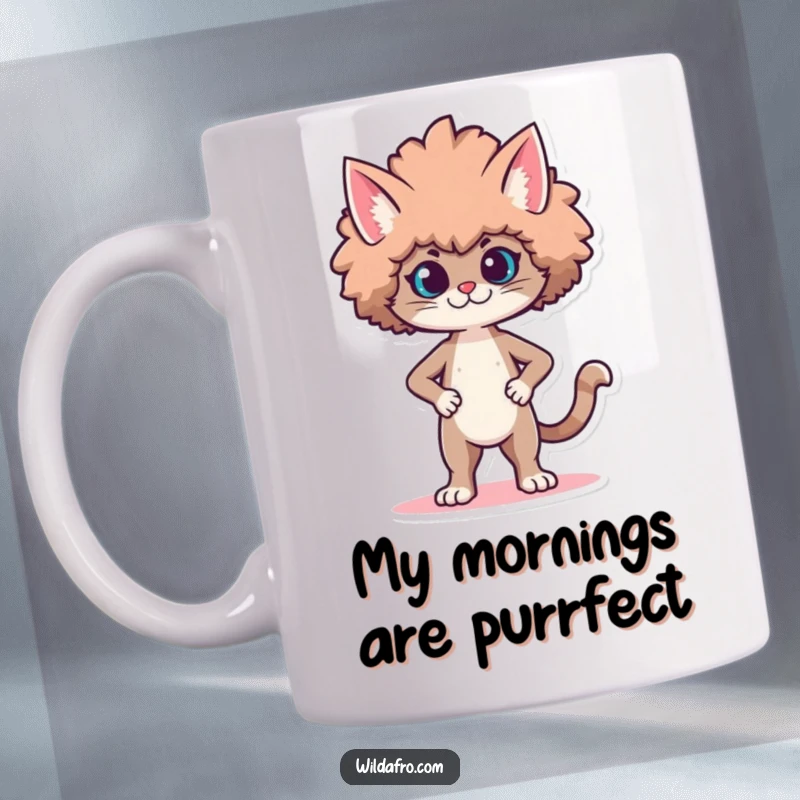 Funny mug with a proud cat character strutting confidently, displaying a large, stylized, voluminous afro. Great gift.