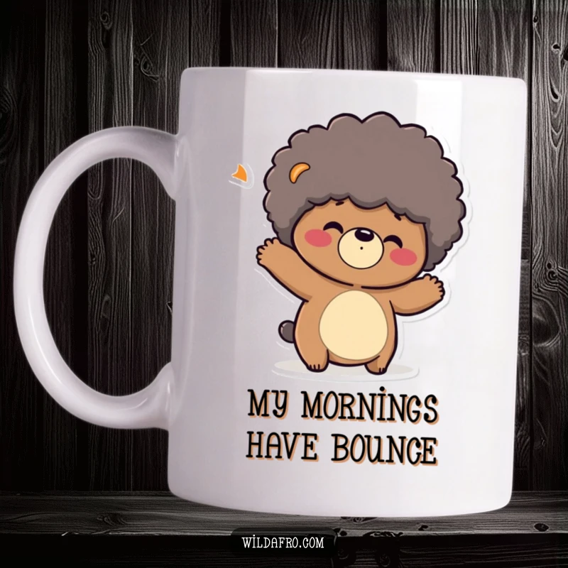 Funny mug with a playful bear character shaking its head, making its big afro bounce with joy. Great gift.
