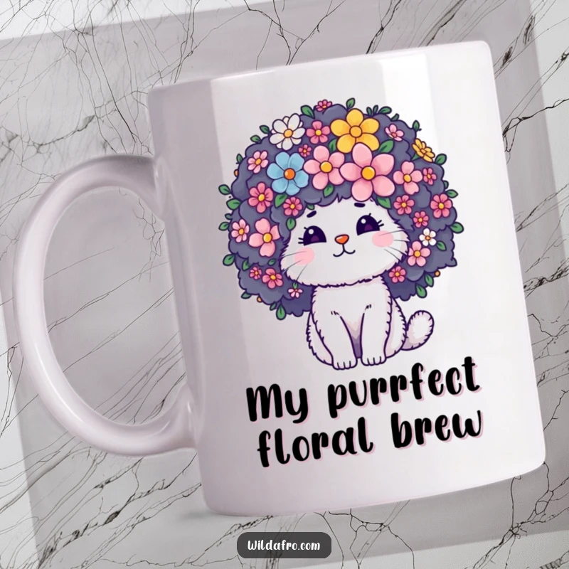 Funny Mug featuring a fluffy cat character with a giant curly afro blooming with colorful flowers, conveying cheerful and unique style.