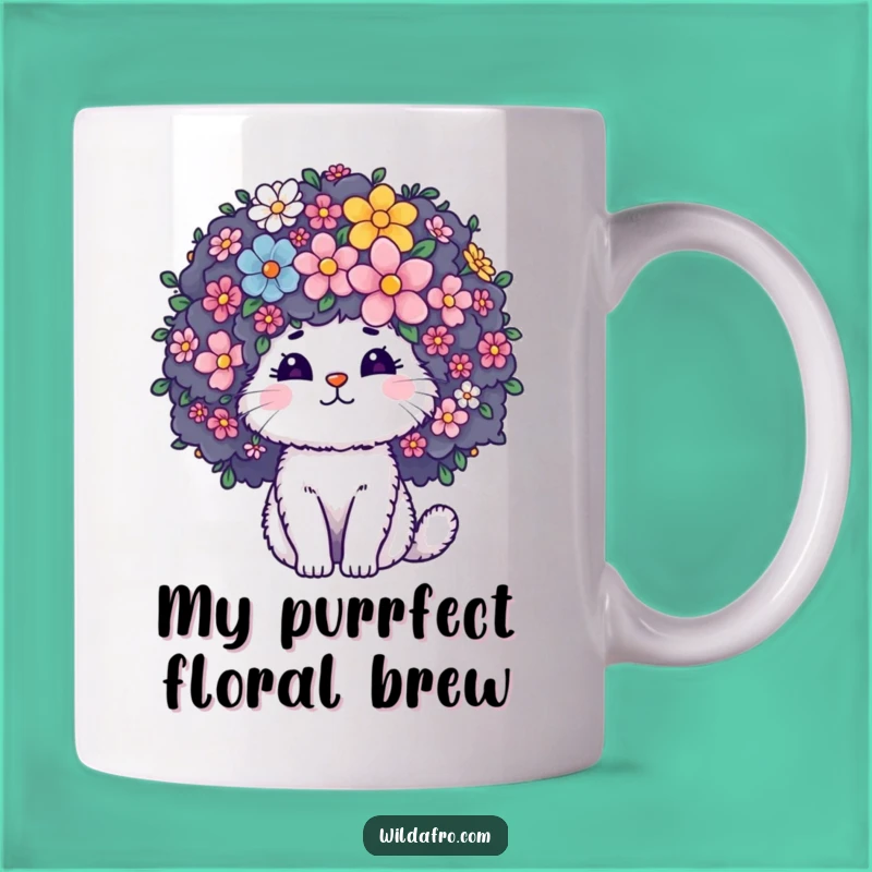 Funny Cat Afro Flower Mug Gift: Fluffy Character Blooming with Floral Style